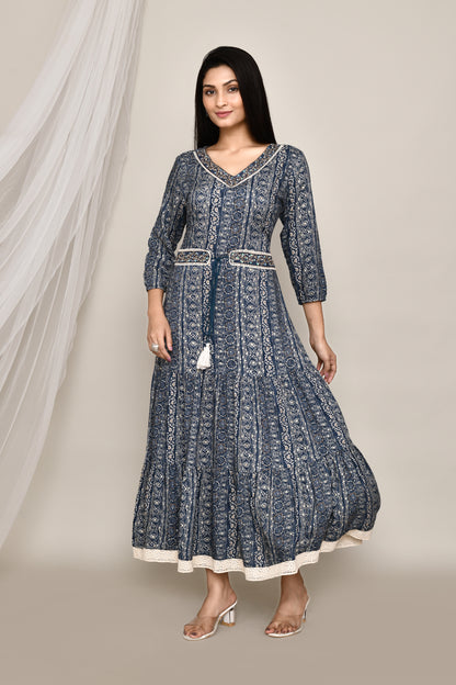 Long Anarkali Navy Blue With Embroidery Highlight And Lace and Belt