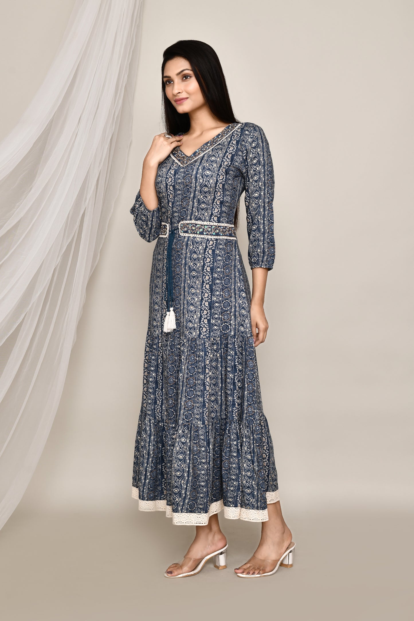 Long Anarkali Navy Blue With Embroidery Highlight And Lace and Belt