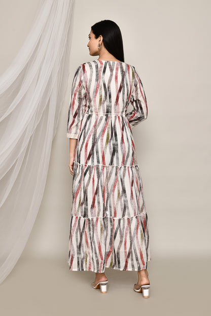 Brush Stroke Printed Dress Gown with Belt and Neck Embroidery