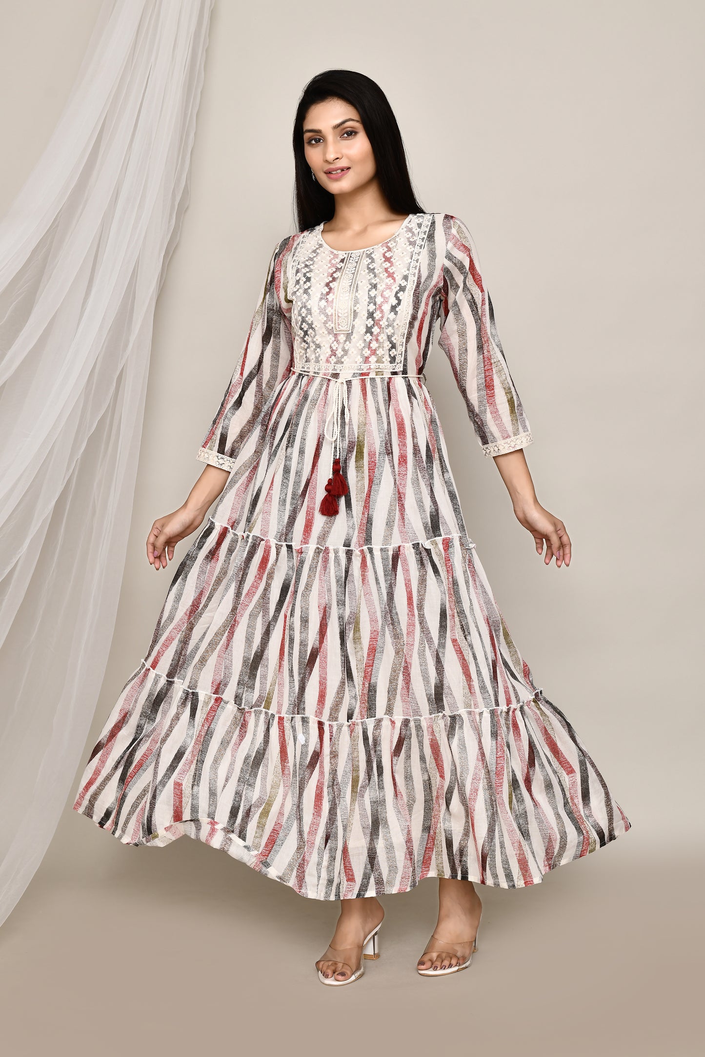 Brush Stroke Printed Dress Gown with Belt and Neck Embroidery