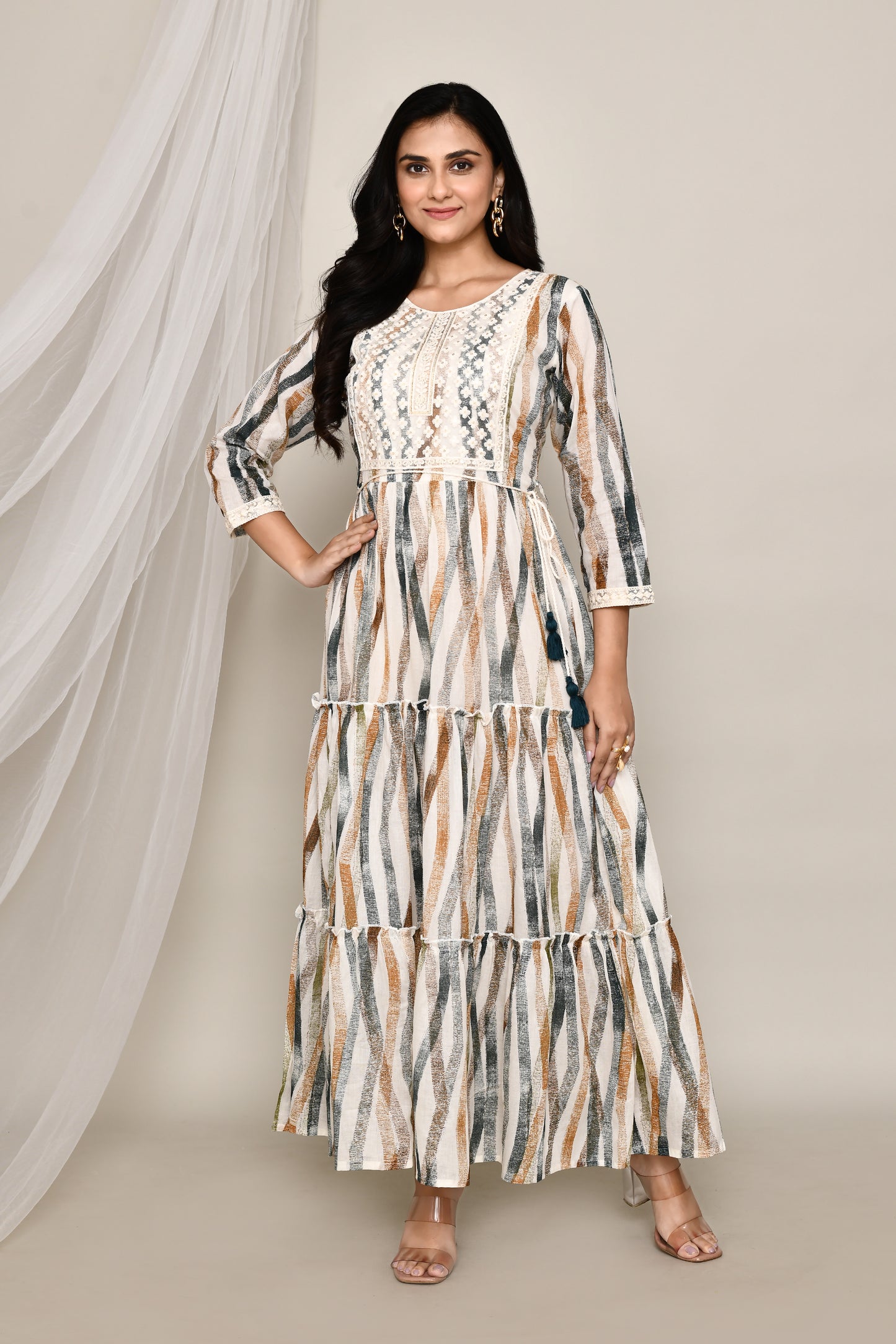 Brush Stroke Printed Dress Gown with Belt and Neck Embroidery