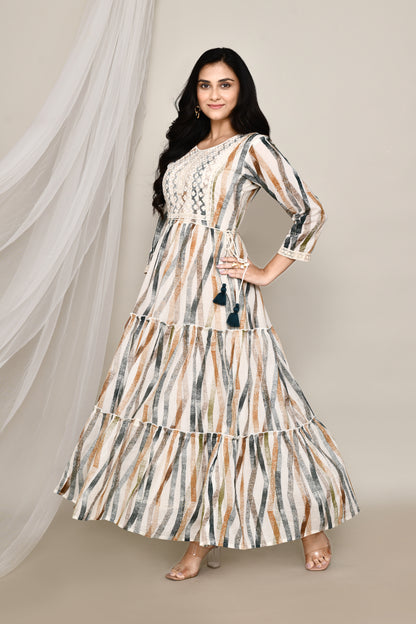 Brush Stroke Printed Dress Gown with Belt and Neck Embroidery