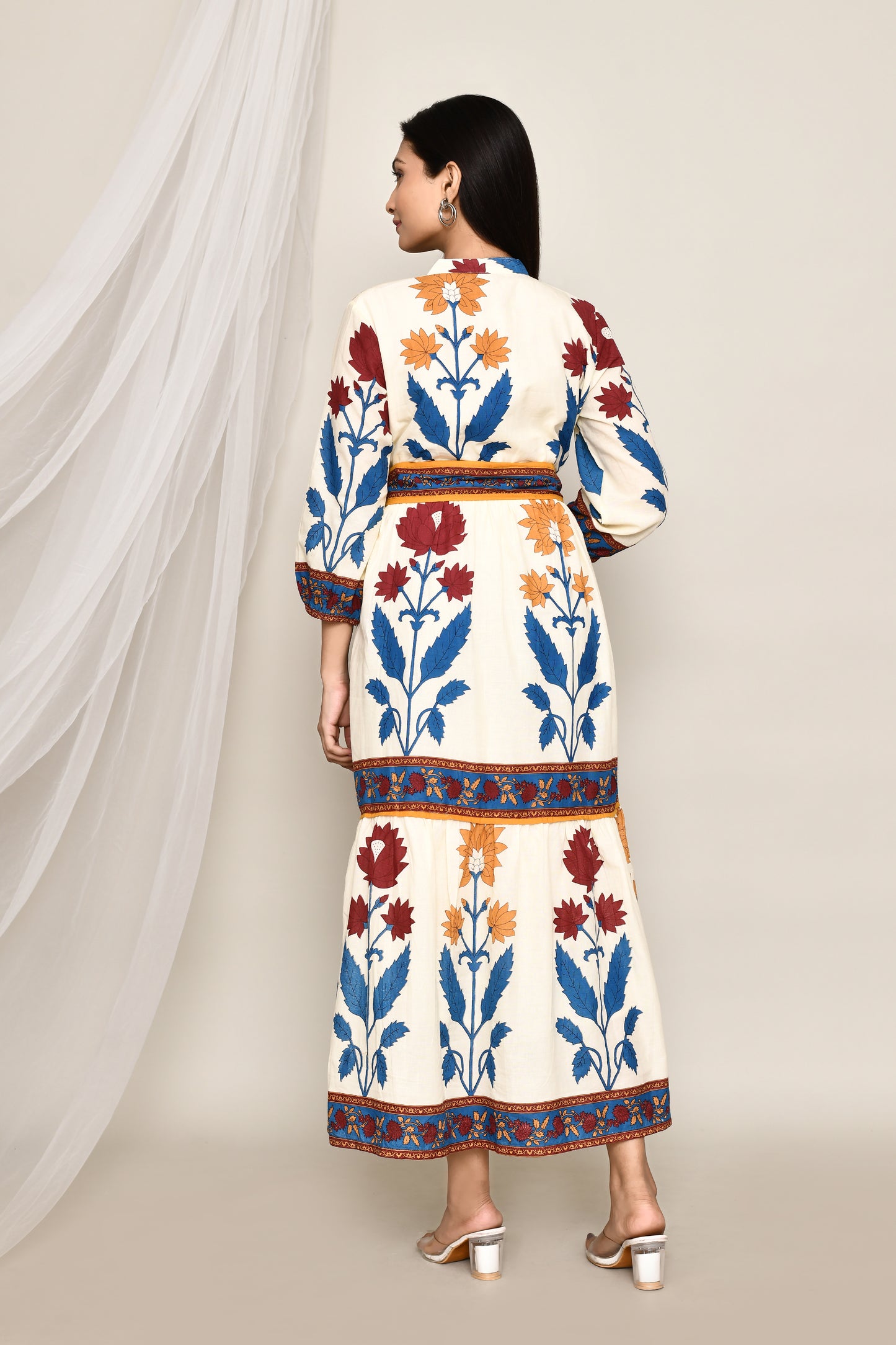 Off White Multi Printed Floral Flowy Midi Dress With Belt