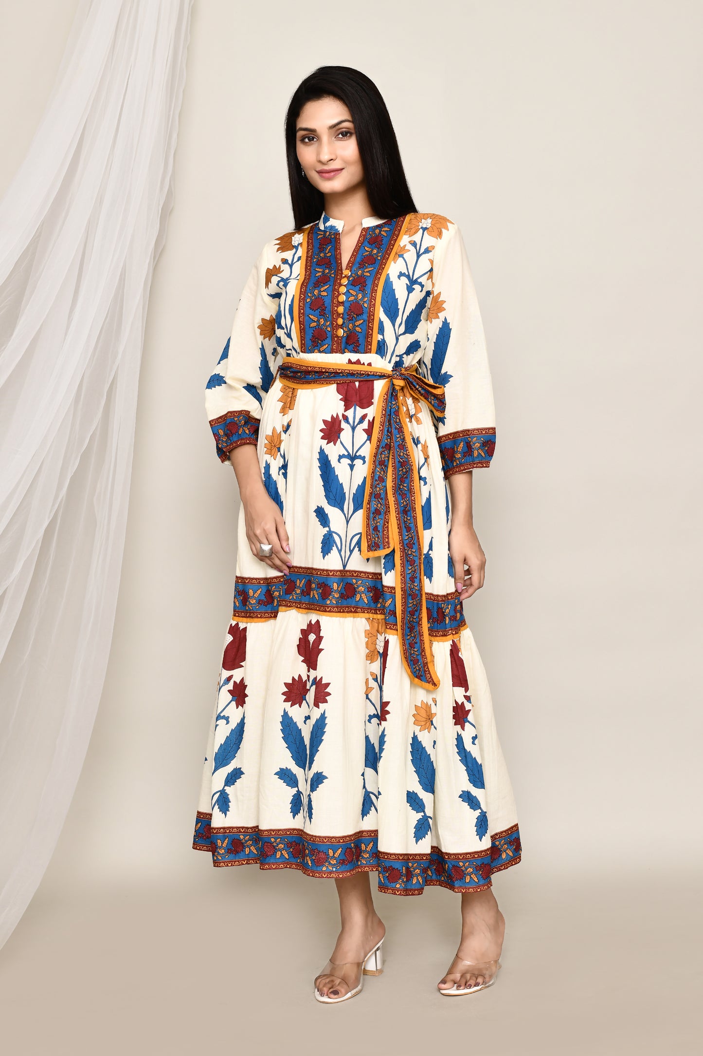 Off White Multi Printed Floral Flowy Midi Dress With Belt