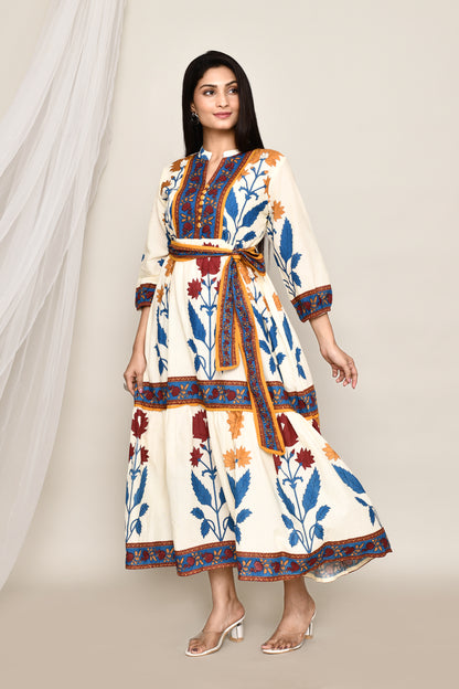 Off White Multi Printed Floral Flowy Midi Dress With Belt