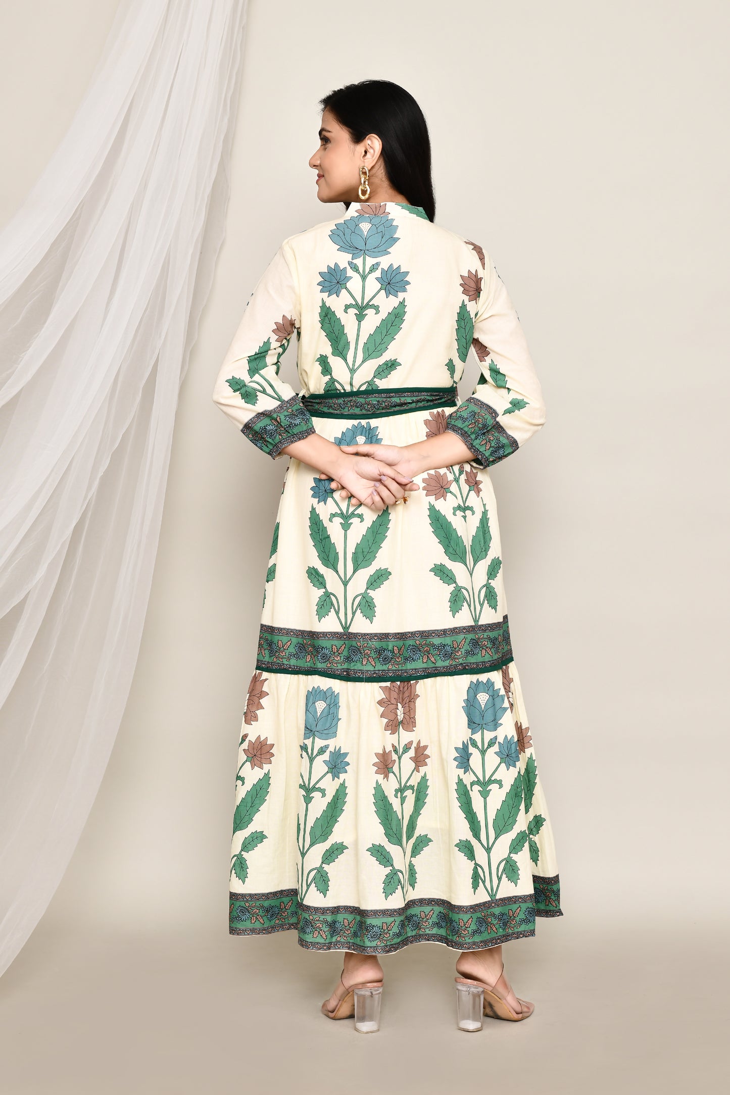 Off White Multi Printed Floral Flowy Midi Dress With Belt