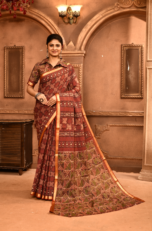 Roopkaantha Sanjukta - Rust Orange Blue 100% Organic Cotton Saree