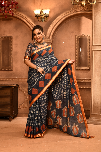 Roopkaantha Tithi - Navy Blue 100% Organic Cotton Saree