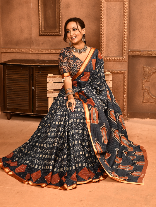 Roopkaantha Tithi - Navy Blue 100% Organic Cotton Saree